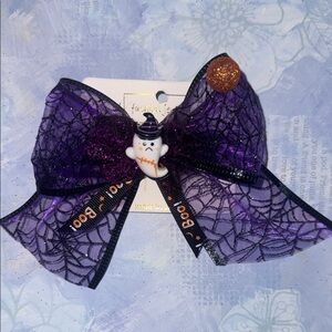 Purple Halloween Bow with Ghost and Spider Web Design
